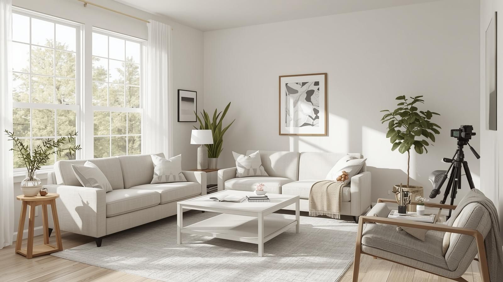 Bright staged living room with natural light, neutral décor, and camera setup, showing home staging and marketing preparation for probate property in North Haledon NJ.