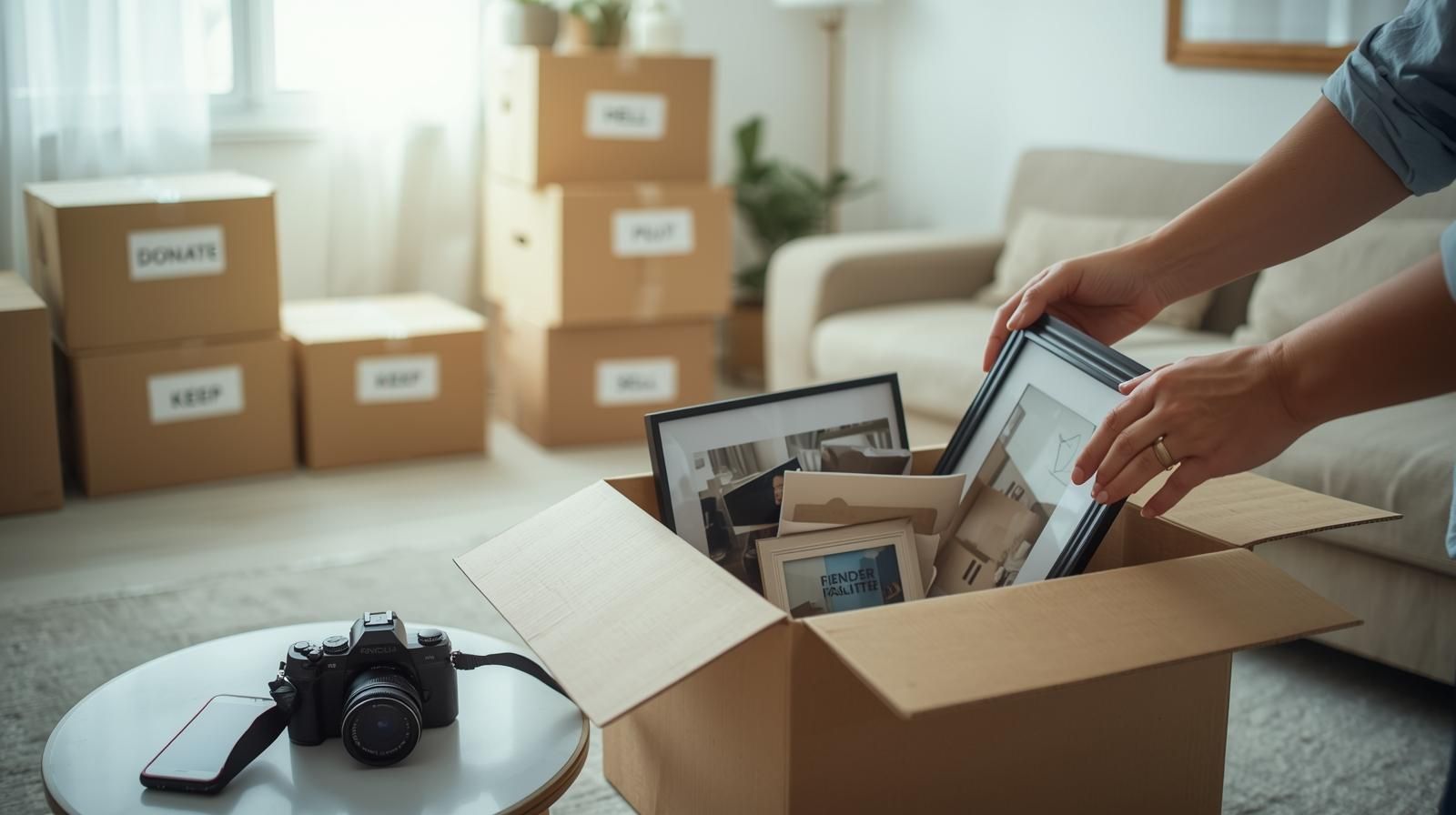 Person packing photo frames in a decluttered living room with labeled boxes and a camera, symbolizing probate home preparation in North Haledon NJ.