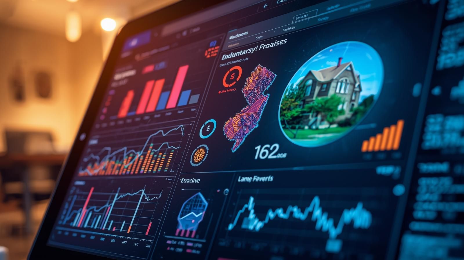 Laptop displaying AI-powered real estate valuation dashboard with charts, graphs, and a New Jersey housing market map, representing smart home pricing analysis.