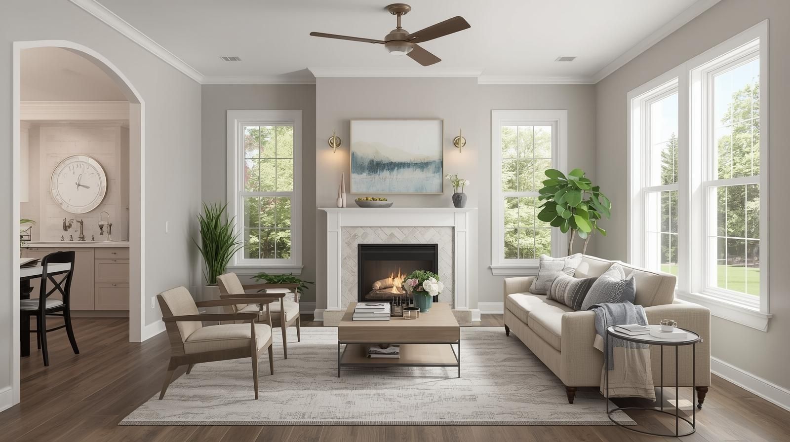 Bright modern North Haledon living room with fresh neutral paint, stylish lighting, and simple décor, showcasing smart home updates that attract buyers.