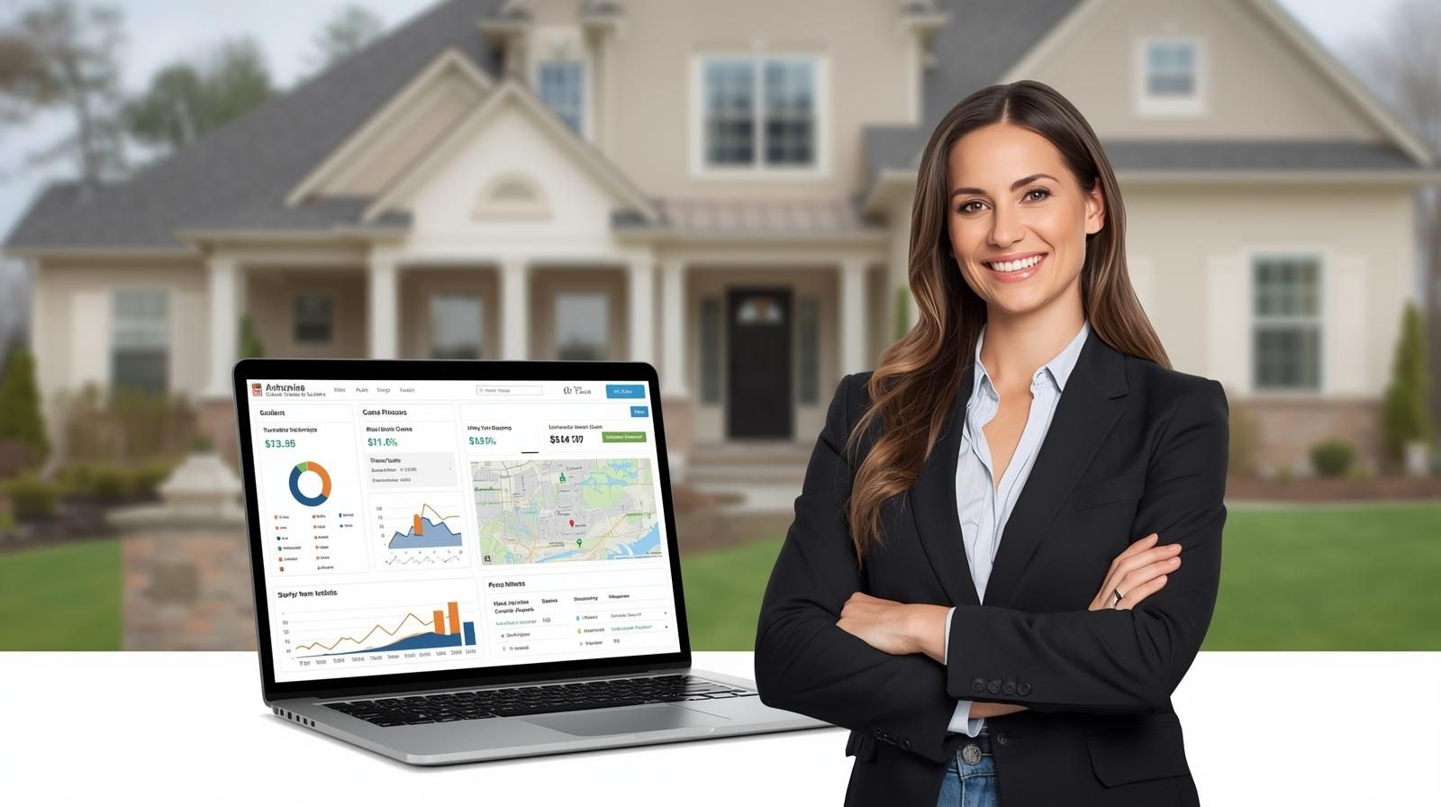 A professional Realtor standing beside a laptop showing AI-powered market data and home pricing analytics in front of a North Haledon house.