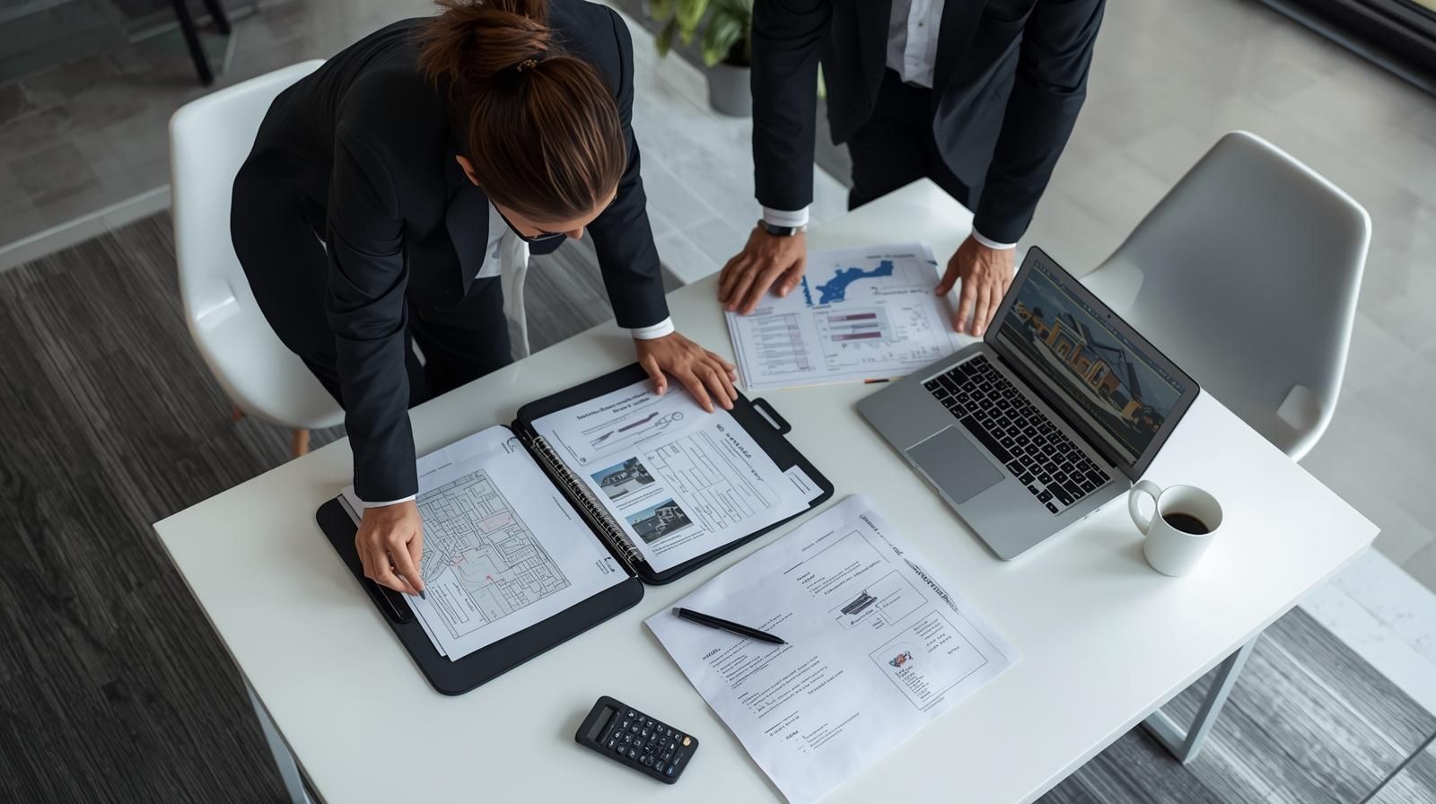 Real estate agent and investor reviewing probate property data and investment plans at a modern office desk in North Haledon NJ.
