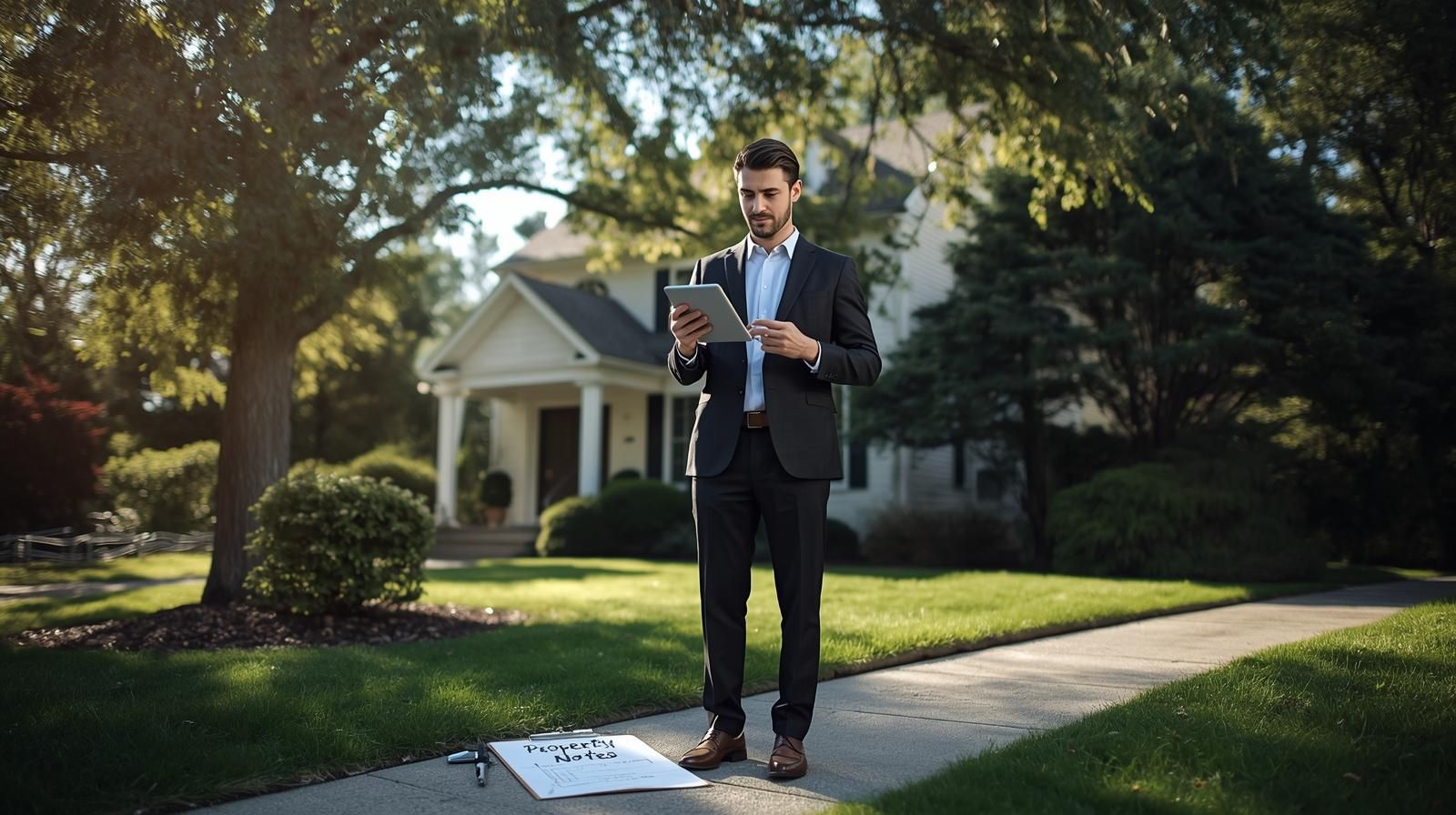 Real estate investor analyzing a North Haledon NJ home on a tablet, reviewing property notes and neighborhood details to assess probate investment potential.