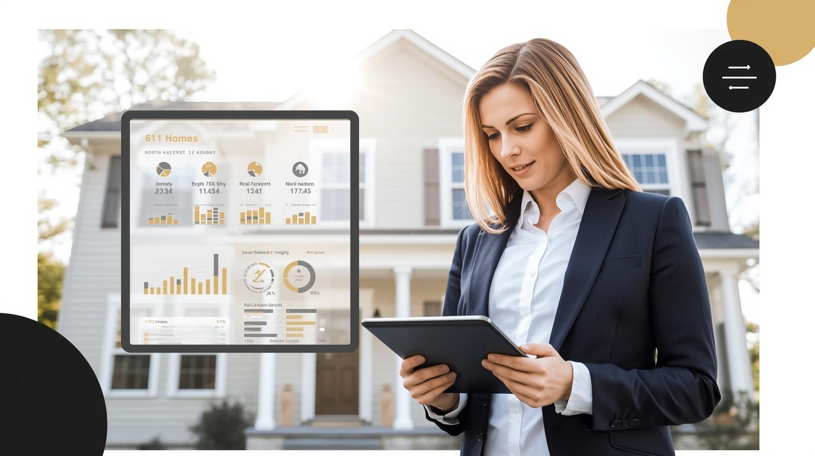 Real estate agent reviewing AI-powered home valuation data on a tablet in front of a North Haledon house, symbolizing smart property pricing analysis.