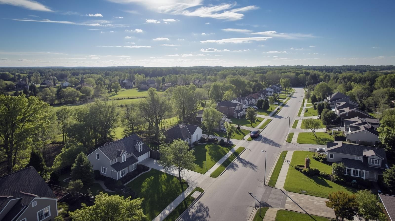 Aerial view of a peaceful North Haledon neighborhood with tree-lined streets, spacious homes, and green open spaces highlighting suburban charm.