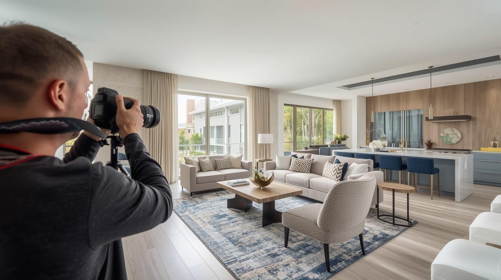Professional real estate photographer capturing wide-angle shots of a bright updated North Haledon home interior to showcase pre-sale improvements.