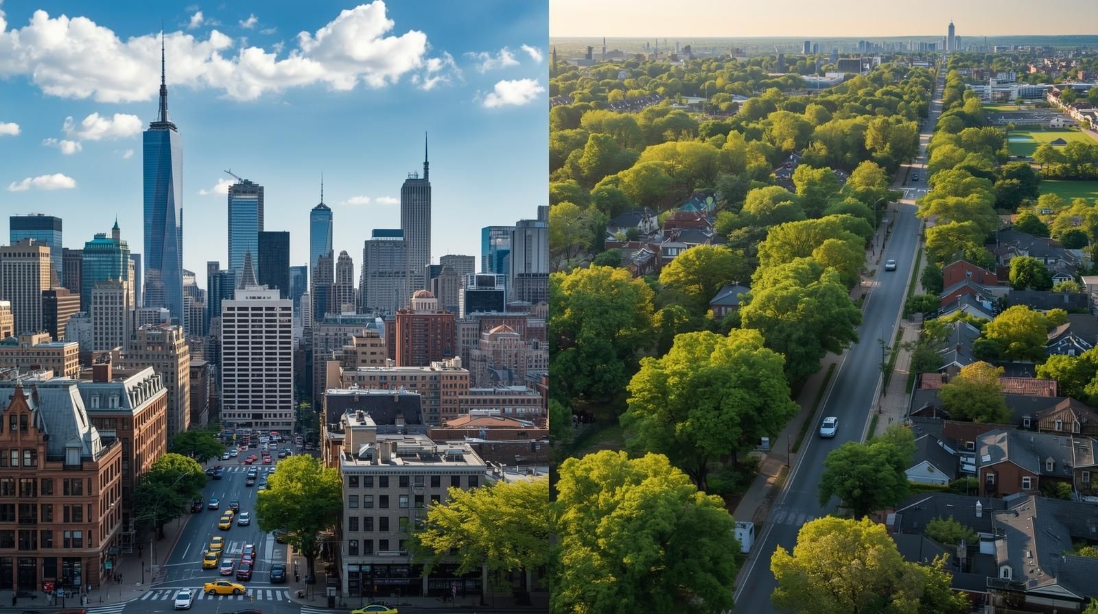 Split image showing contrast between busy New York City skyline and peaceful North Haledon suburban neighborhood surrounded by trees and open space.