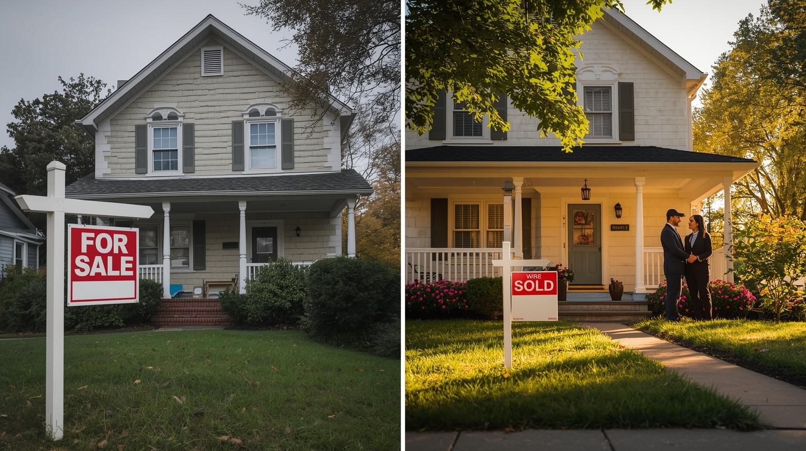Split-image of two North Haledon homes showing “For Sale” and “Sold” signs, representing different seller outcomes based on timing and strategy.