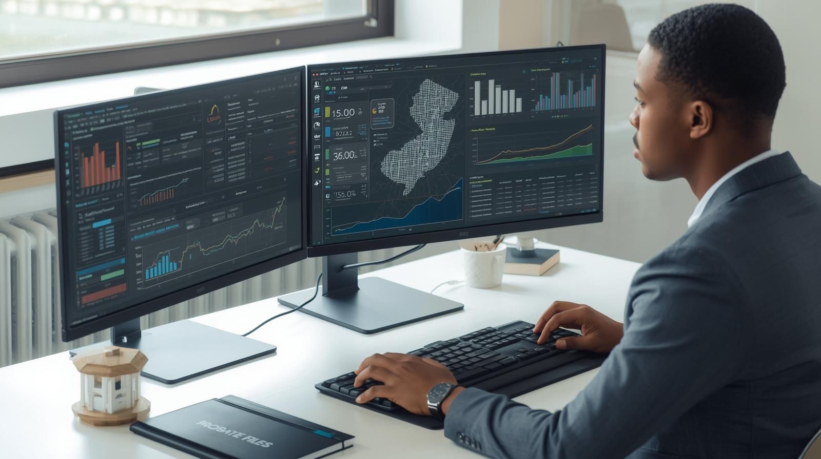 Real estate professional analyzing North Jersey probate property data on dual monitors with charts and maps, showing AI-driven investment strategy planning.