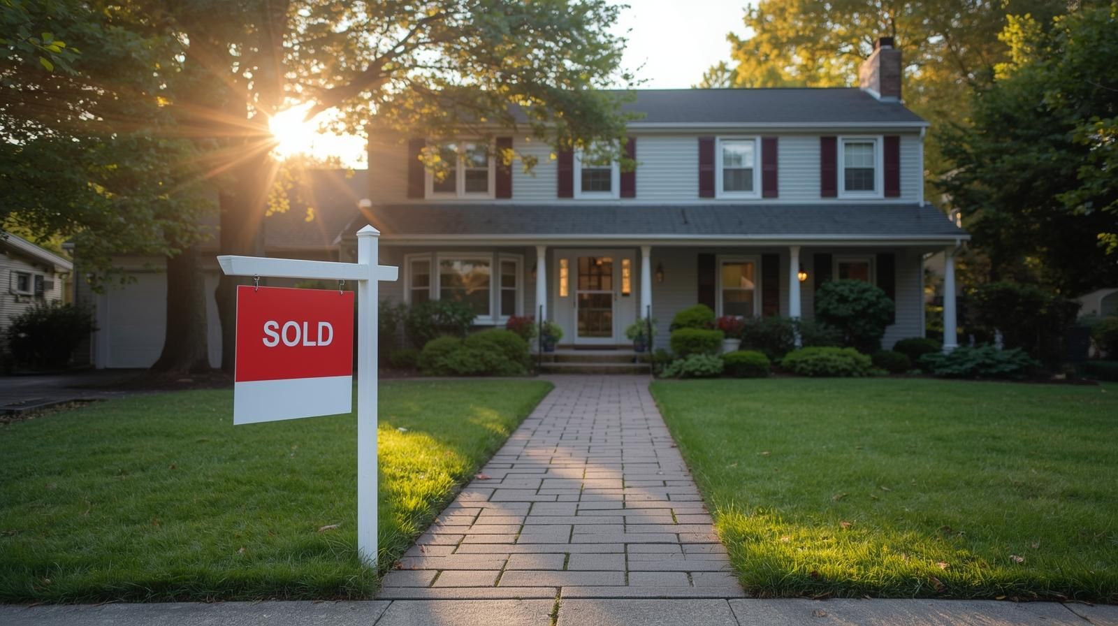 Sold sign in front of a North Haledon NJ suburban home at sunset, symbolizing a successful probate property sale after expert preparation.