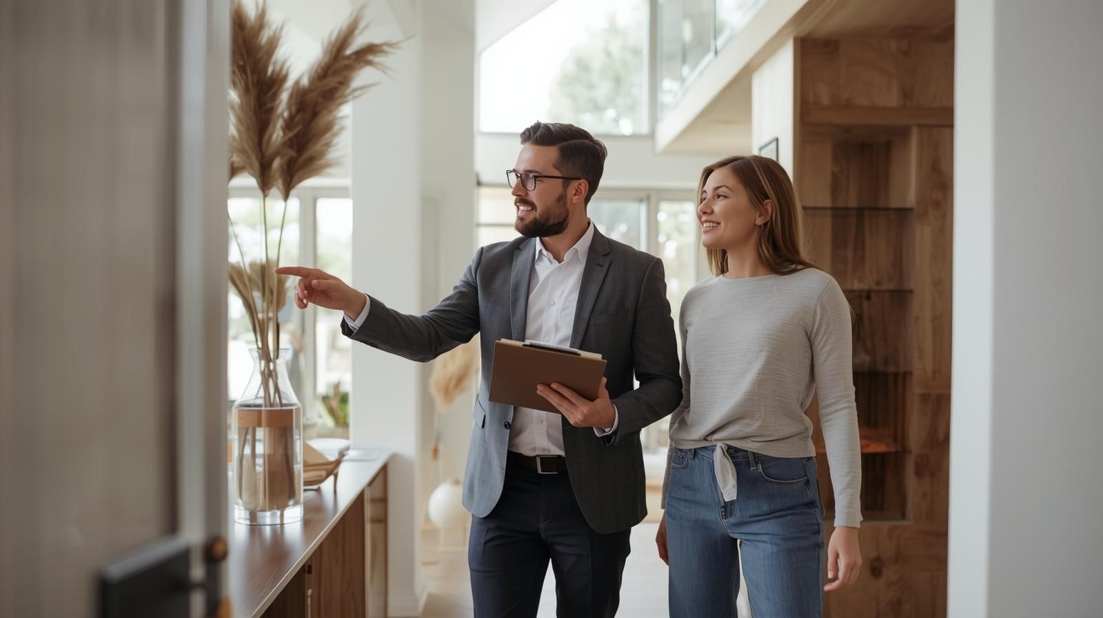 Real estate agent conducting a pre-listing walkthrough with a homeowner in a bright modern North Haledon home, discussing updates before selling.