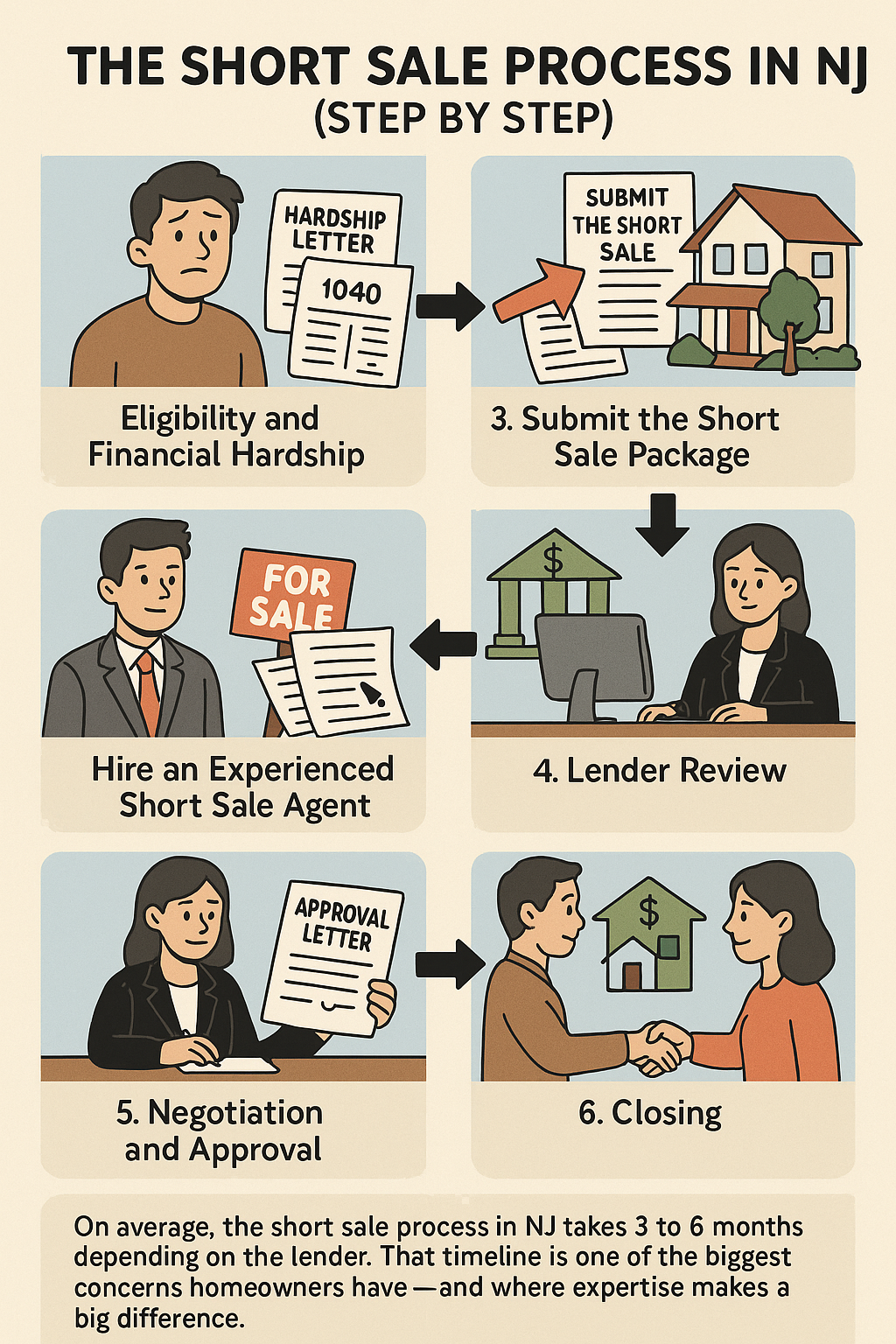 Infographic of the short sale process in NJ showing six steps: hardship eligibility, hiring an agent, submitting the package, lender review, negotiation, and closing.