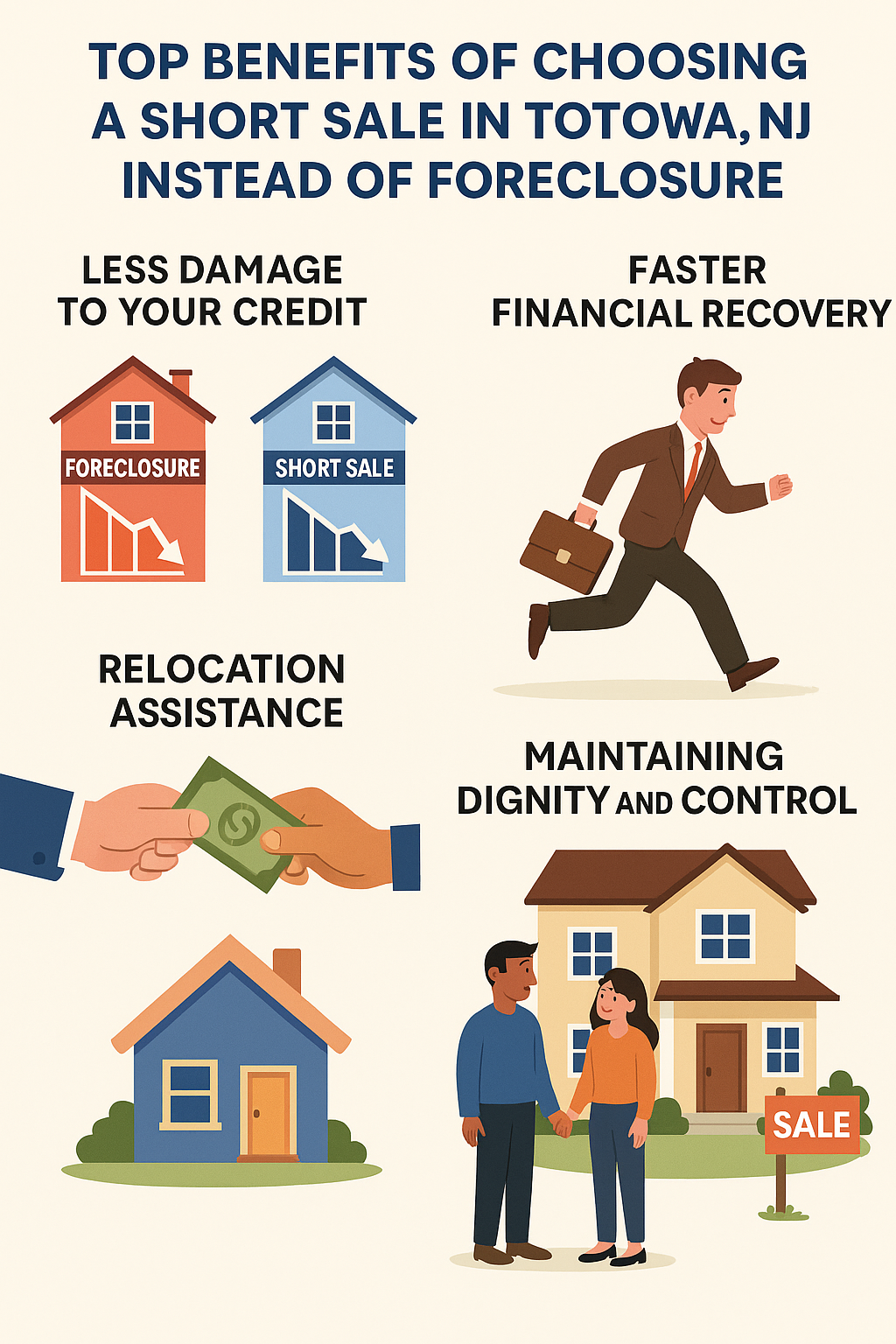 Infographic showing top benefits of a short sale in Totowa NJ vs foreclosure, highlighting credit protection, faster recovery, relocation assistance, and maintaining control.