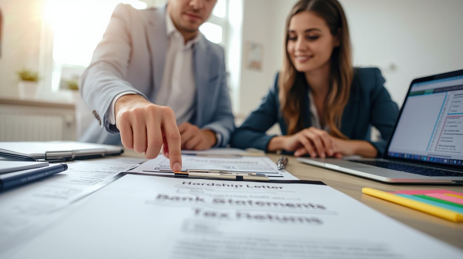 Realtor and homeowner reviewing hardship documents and organizing a short sale package with labeled forms and checklist for lender approval.