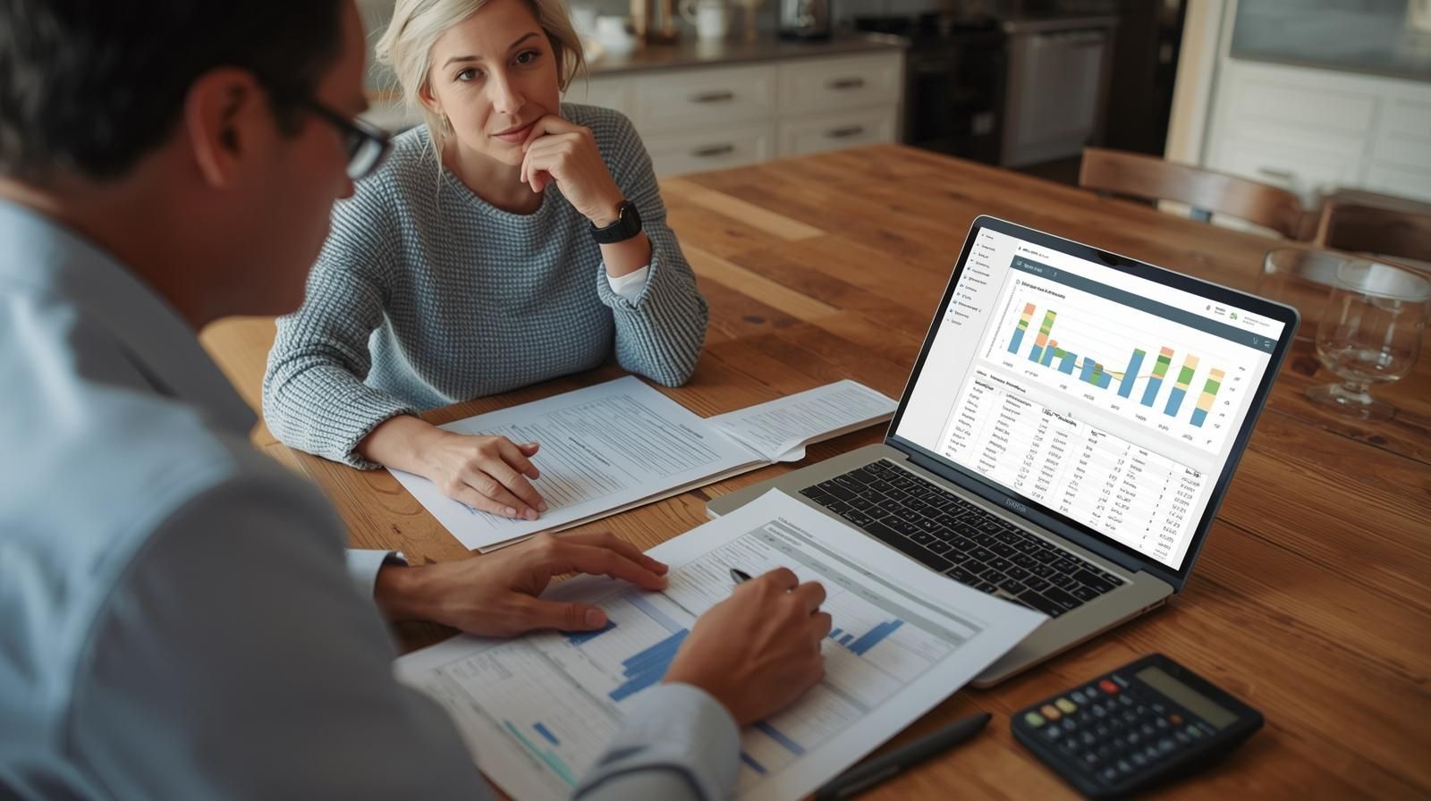 Homeowner meeting with Realtor to review financial documents and AI market analysis, determining qualification for a short sale in North Haledon.