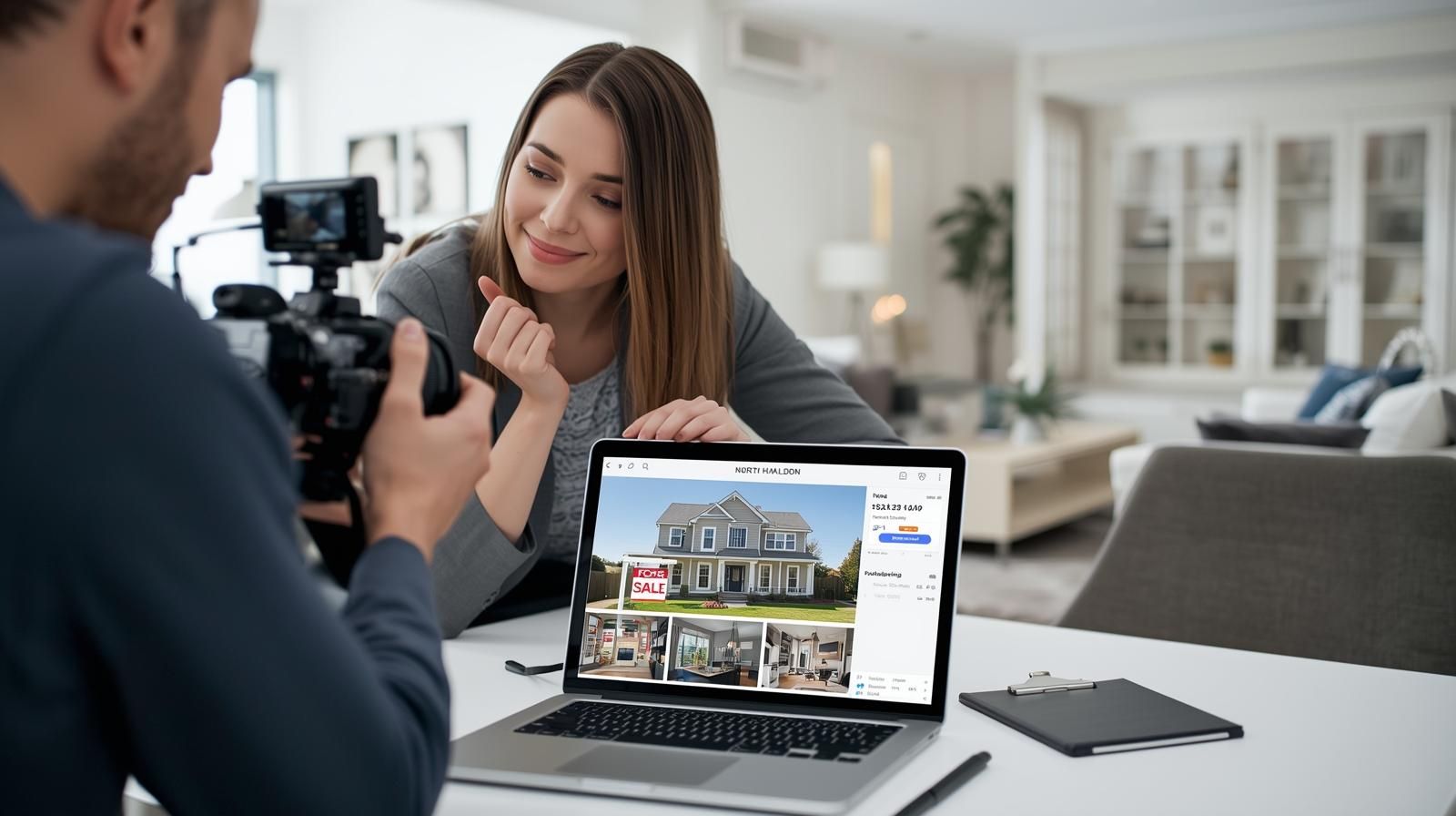 Realtor reviewing short sale offer documents on a laptop while speaking with lender, representing offer submission and approval process in North Haledon.