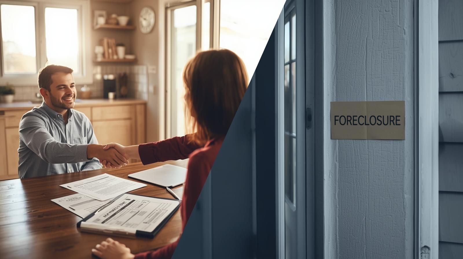 Split image showing homeowner completing a short sale with Realtor on one side and a foreclosure notice on the other, illustrating the key difference.