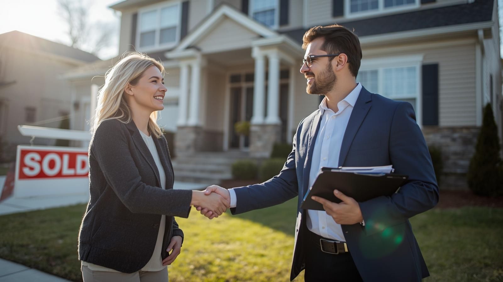 Realtor shaking hands with North Haledon homeowner in front of a sold home, symbolizing successful short sale and smooth closing after earlier setbacks.