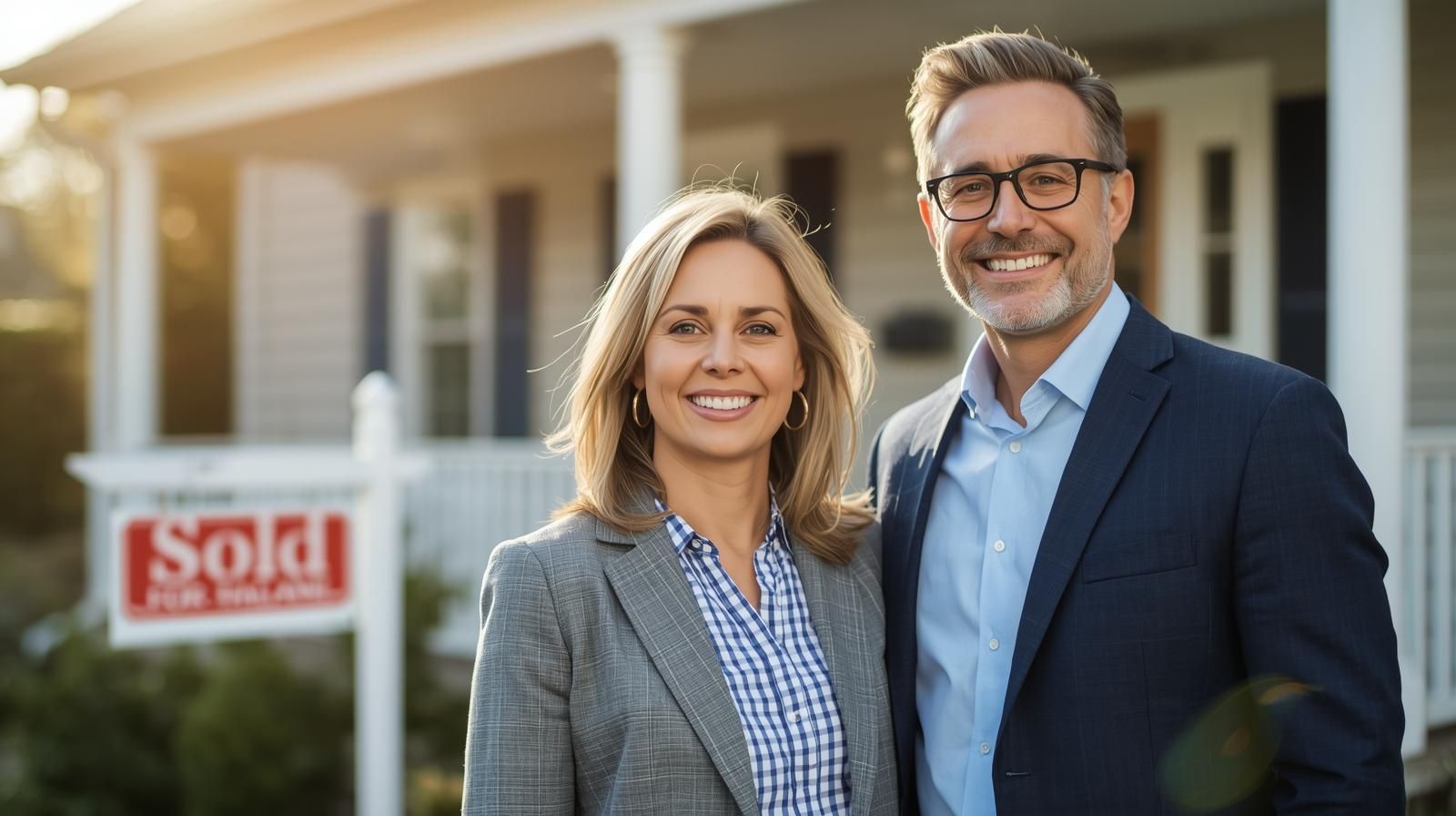 Realtor standing with relieved North Haledon homeowner in front of a sold home, symbolizing a successful short sale and foreclosure avoidance.