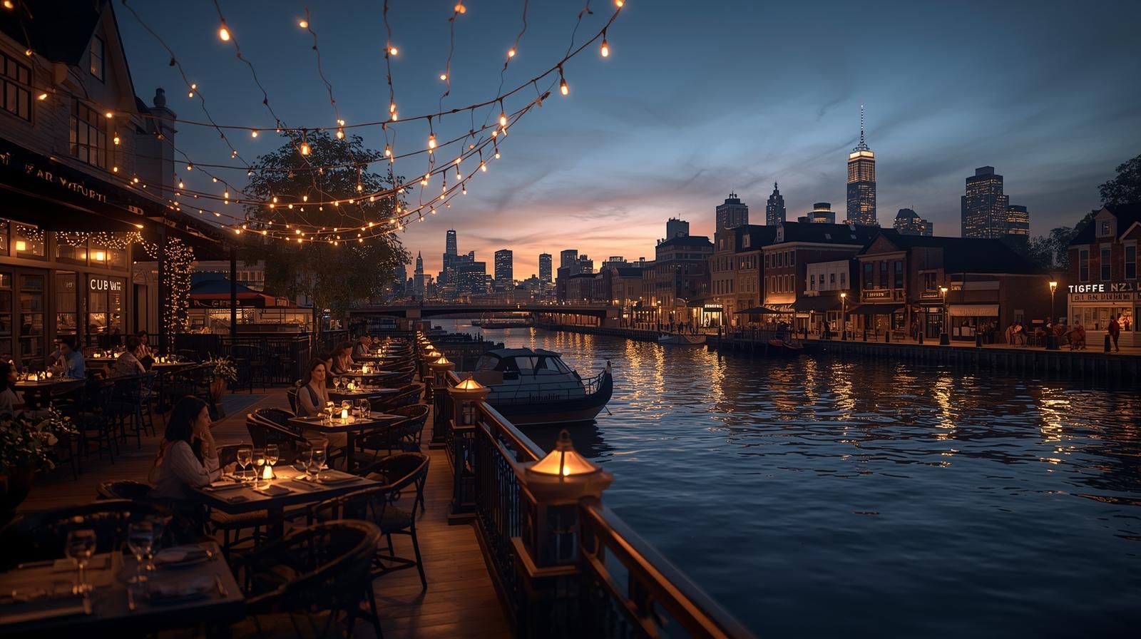 Romantic evening at Edgewater waterfront in North Jersey with outdoor dining under string lights, glowing Manhattan skyline, and reflections on the Hudson River.