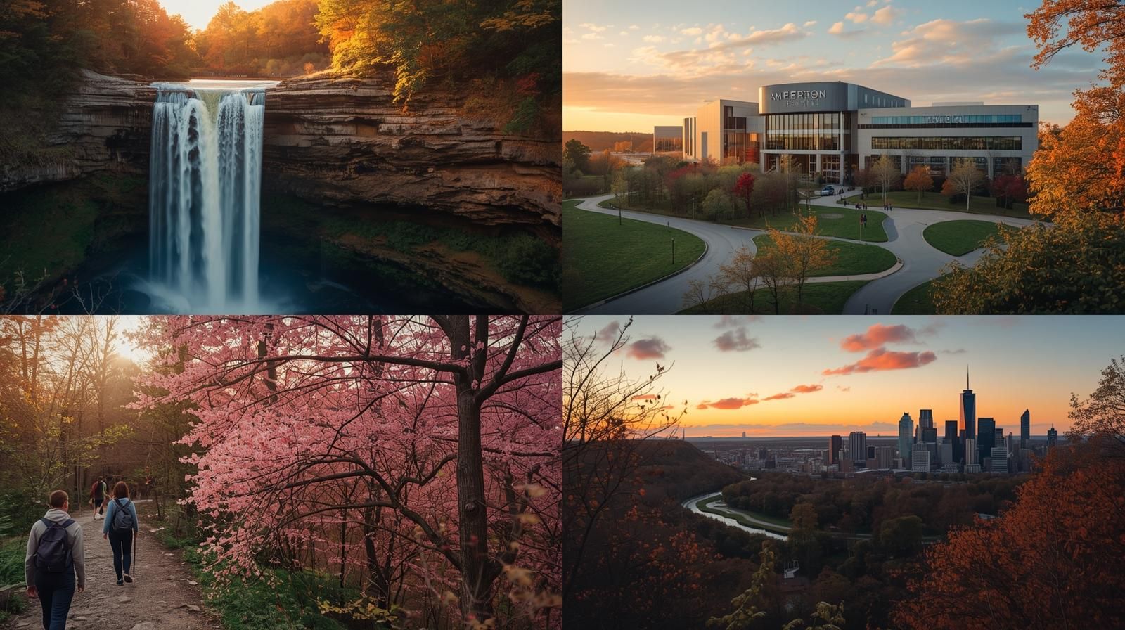 Cinematic collage of top attractions in North Jersey featuring Paterson Great Falls, American Dream Mall, Ramapo Mountain hiking trail, Branch Brook Park cherry blossoms, and Liberty State Park skyline at sunset.