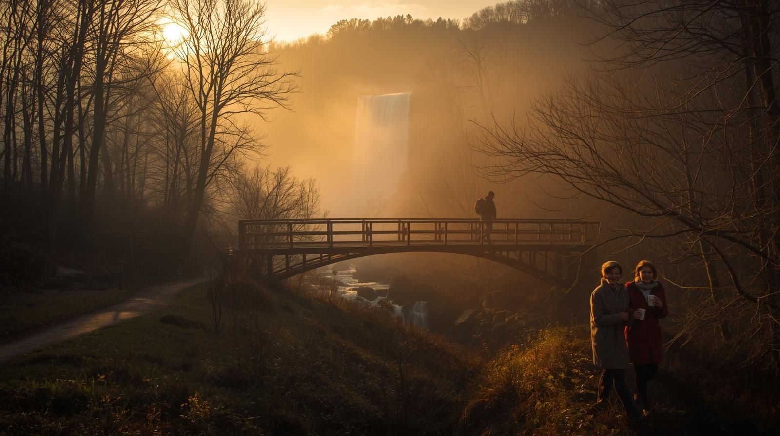 Morning sunrise at Paterson Great Falls in North Jersey with mist, a bridge, and locals walking with coffee in a golden-hour atmosphere.