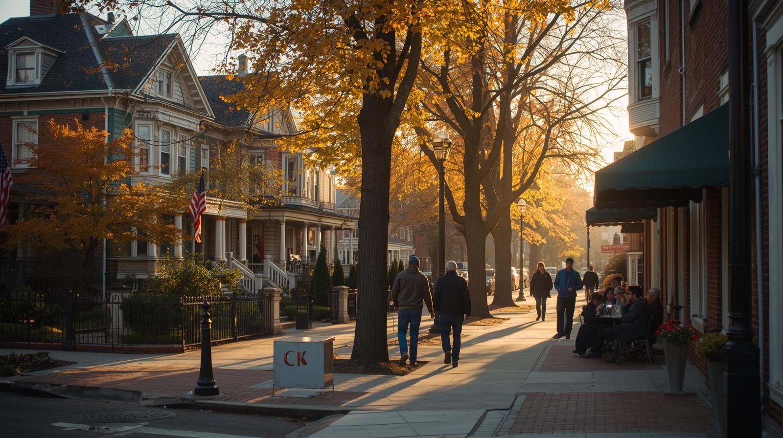 North Jersey downtown at golden hour with Victorian homes, people walking along tree-lined streets, and locals dining at outdoor cafés.