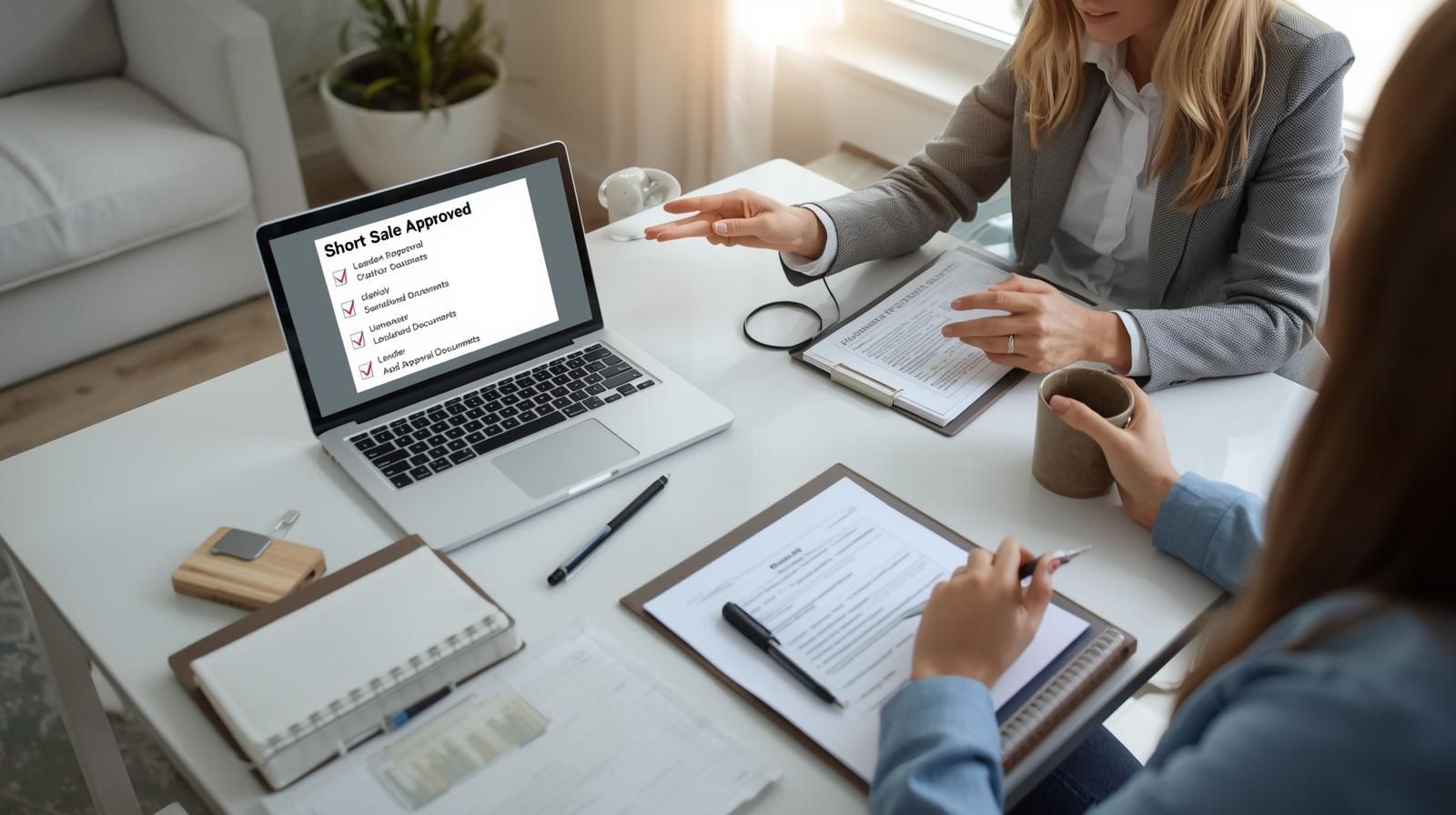 Realtor reviewing short sale approval documents with homeowner, symbolizing faster lender approvals and legal protection during the short sale process in North Haledon.