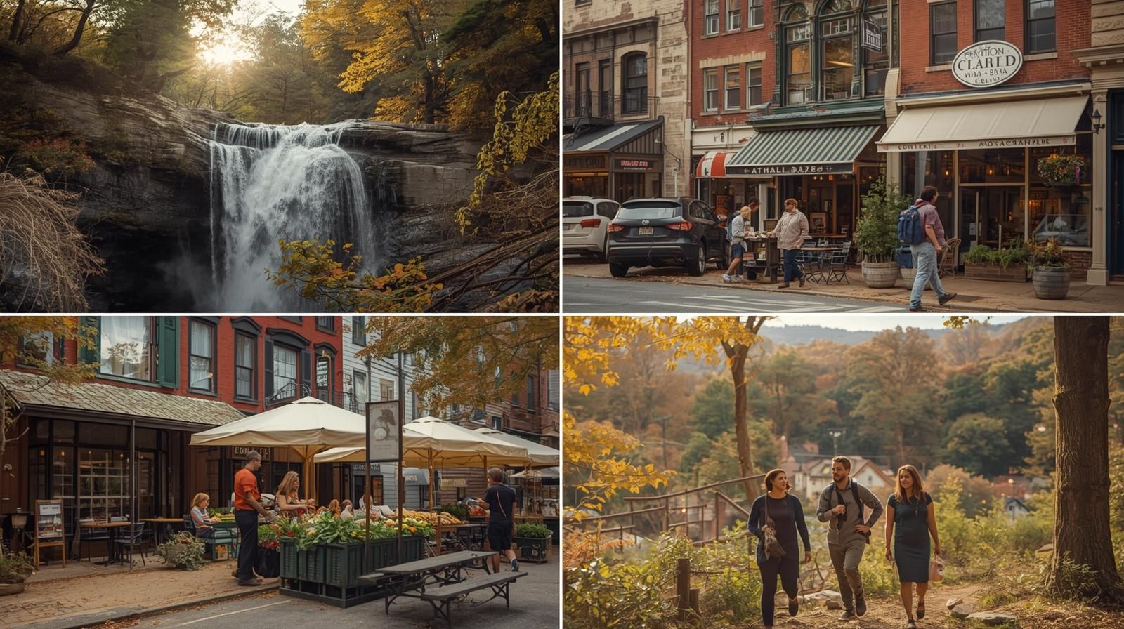 Cinematic collage of North Jersey lifestyle featuring Paterson Great Falls, Montclair cafés, Ridgewood shops, local farmers market, and people hiking during fall.