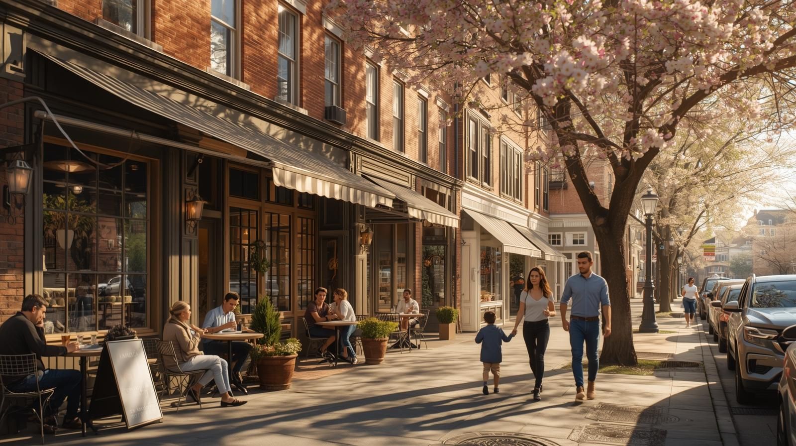 Afternoon in Montclair, North Jersey with outdoor cafés, boutique shops, cherry blossoms, and families walking along a sunlit, tree-lined street.