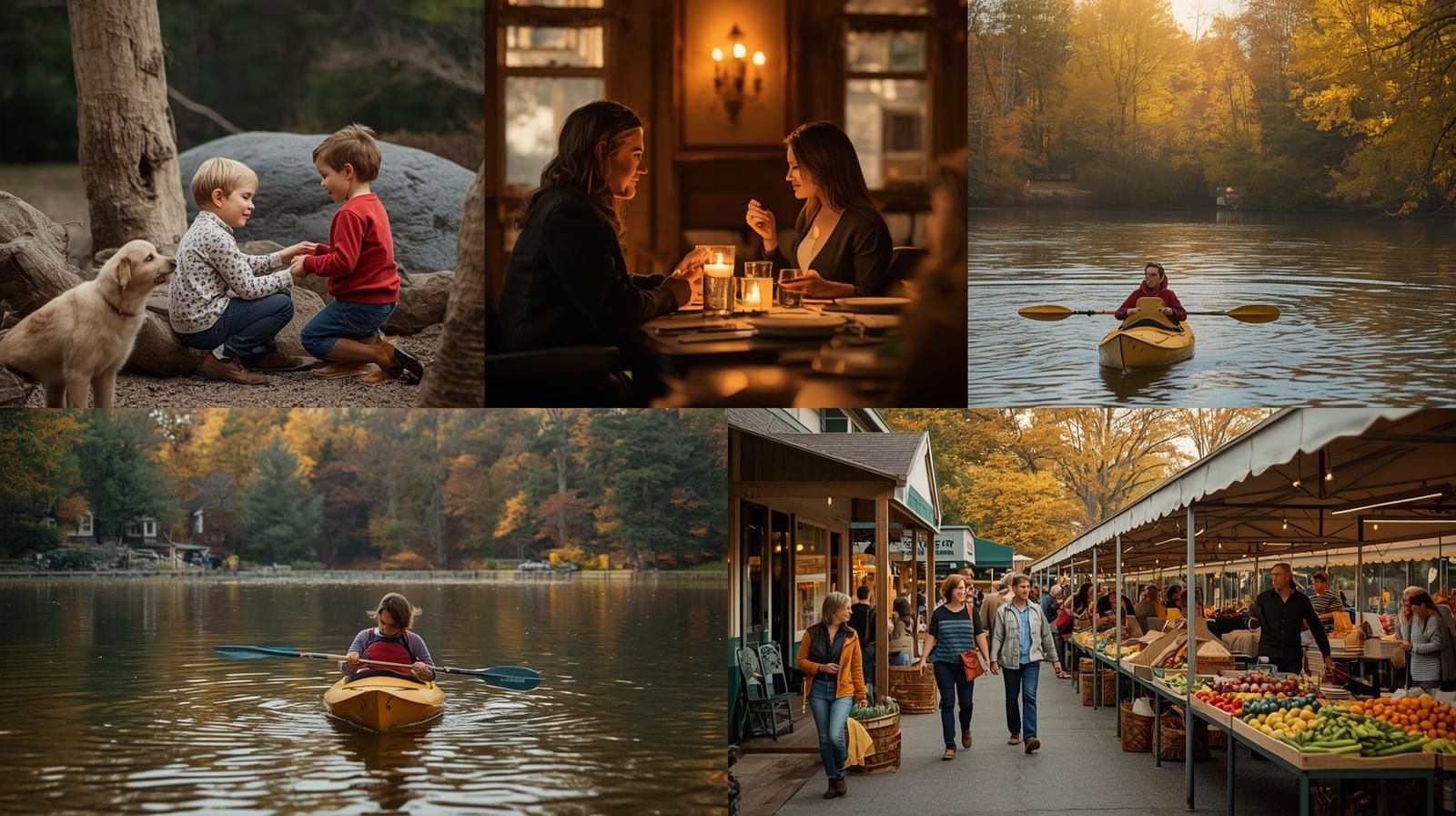 SEO Alt Text: North Jersey lifestyle collage showing kids playing outdoors, friends kayaking at Greenwood Lake, couples dining in Montclair, and locals shopping at a farmers market in Ridgewood during autumn.