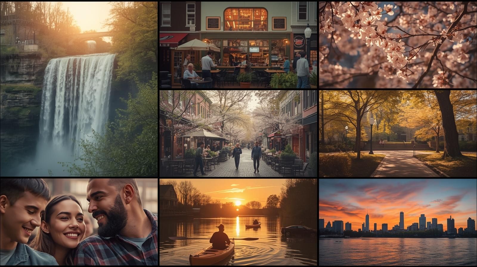 Cinematic collage of North Jersey lifestyle featuring Paterson Great Falls, Ridgewood cafés, Branch Brook Park cherry blossoms, Ramapo Lake kayaking, and Jersey City skyline at sunset.
