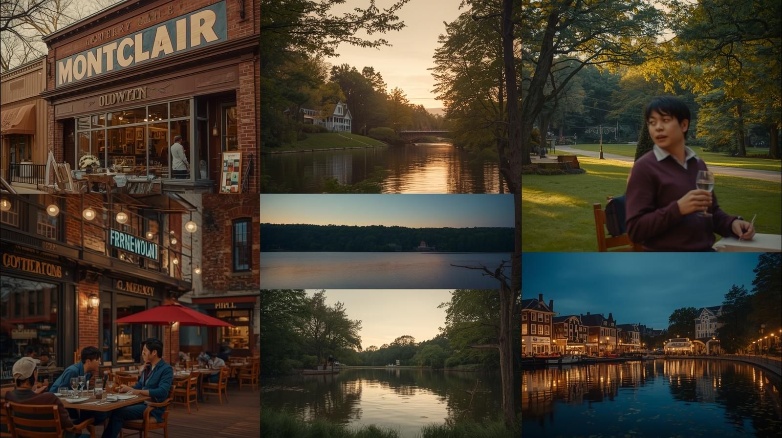 Cinematic collage of North Jersey towns showing Montclair cafés, Ridgewood boutiques, Verona Park lake, Franklin Lakes nature trails, and Morristown nightlife at golden hour.