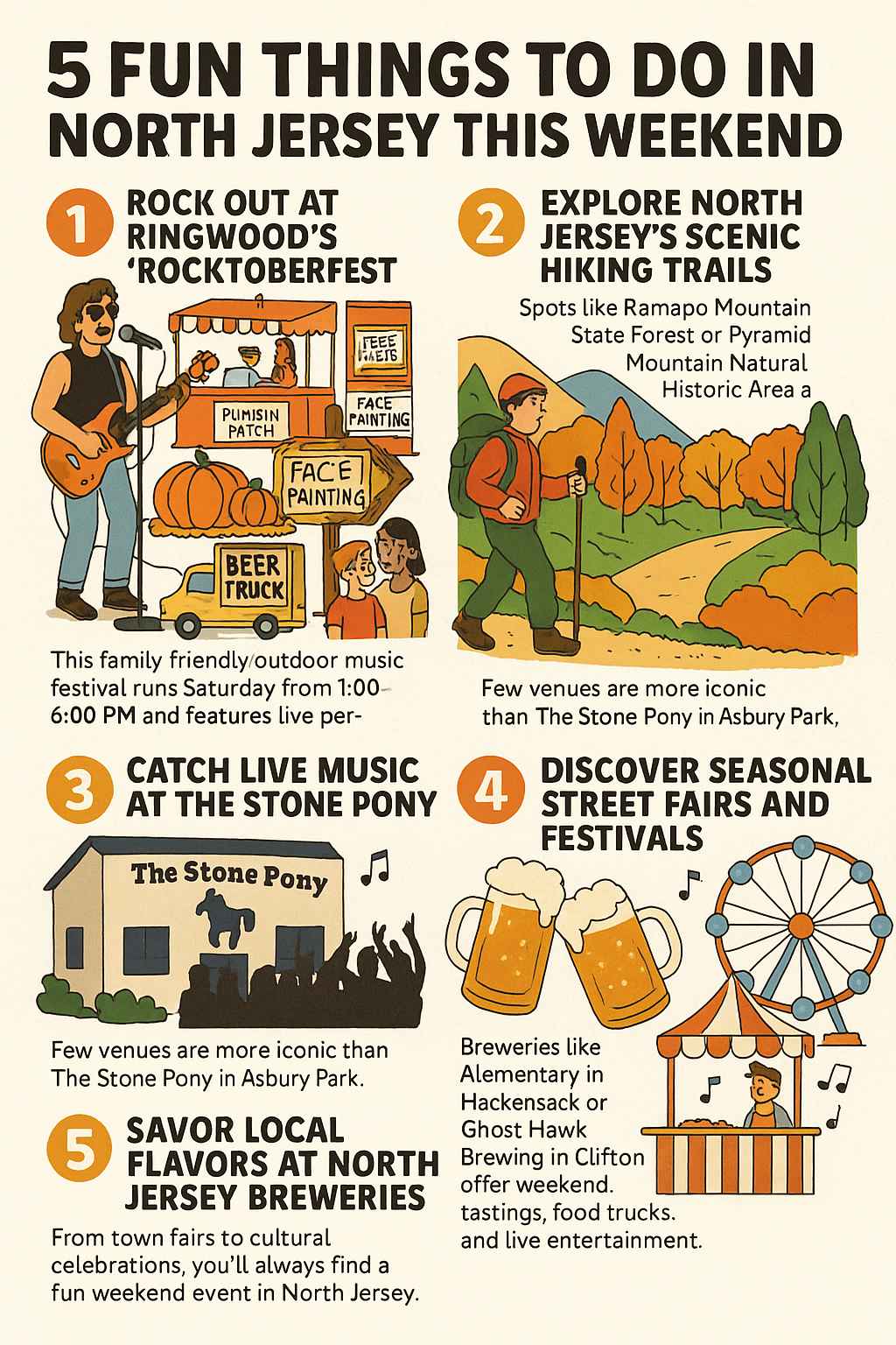 Infographic showing 5 fun things to do in North Jersey this weekend, including Rocktoberfest, hiking, live music at The Stone Pony, local breweries, and seasonal street fairs.
