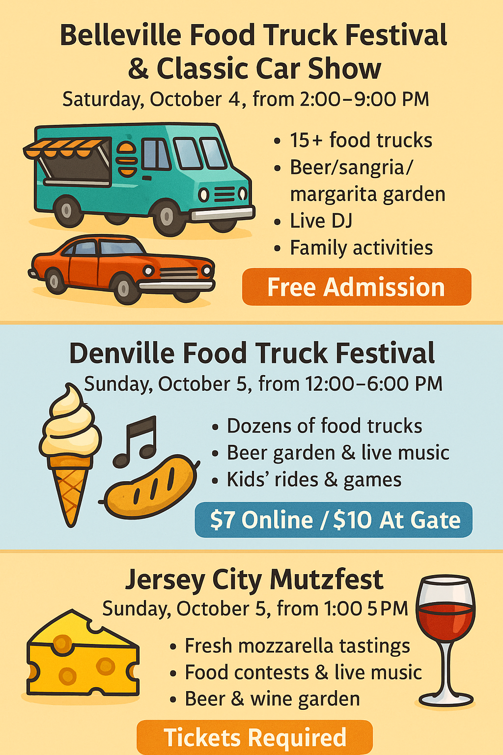 Infographic highlighting Belleville Food Truck Festival, Denville Food Truck Festival, and Jersey City Mutzfest with dates, activities, and admission details.