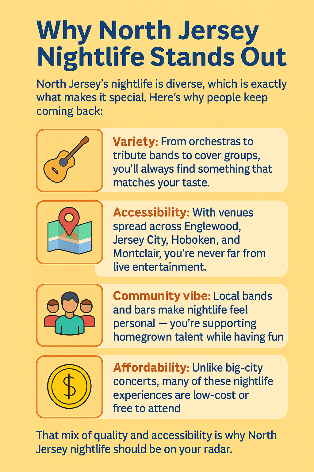 Infographic explaining why North Jersey nightlife stands out, highlighting variety, accessibility, community vibe, and affordability.