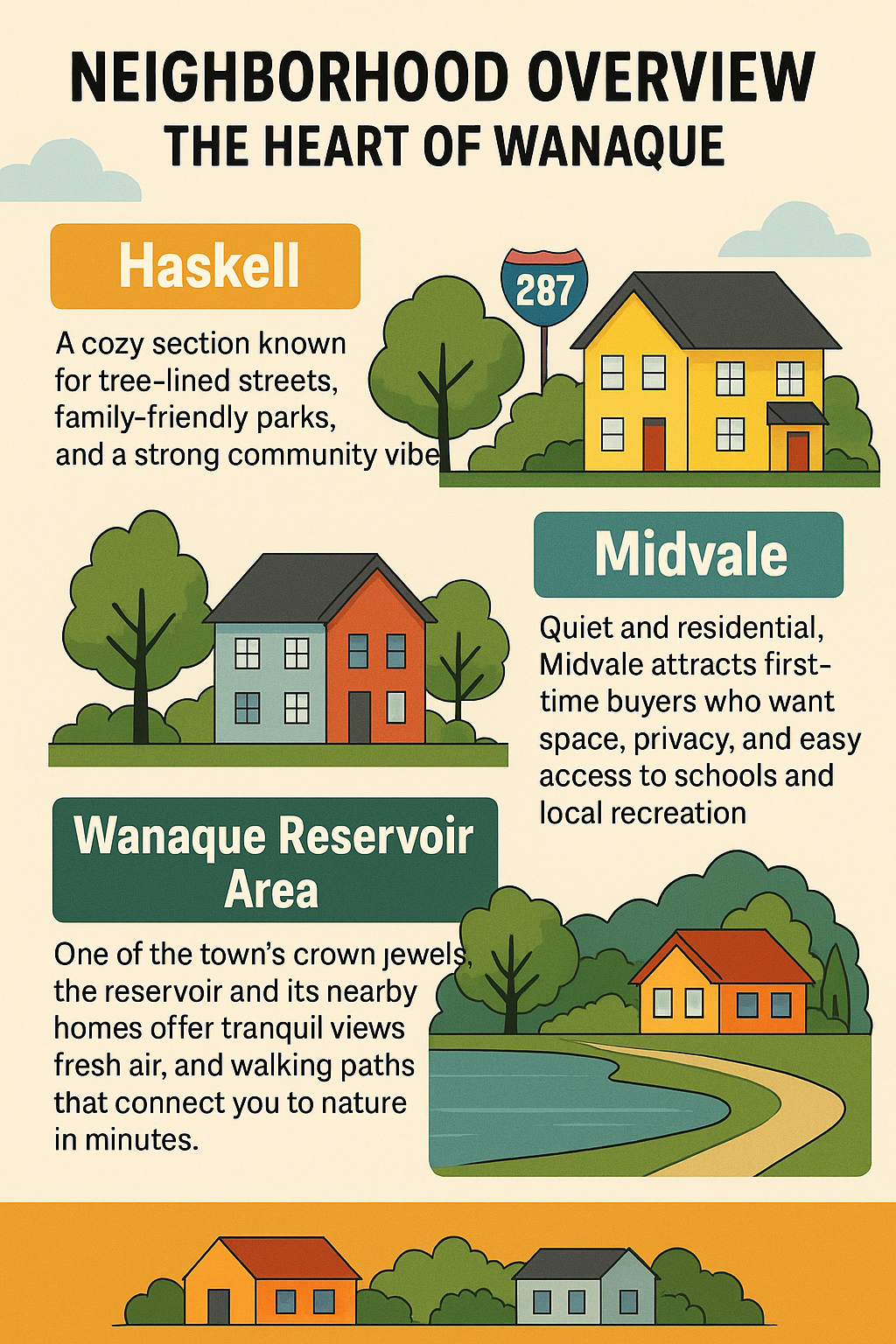 Cartoon infographic highlighting Wanaque NJ neighborhoods Haskell, Midvale, and Wanaque Reservoir Area with lifestyle descriptions.