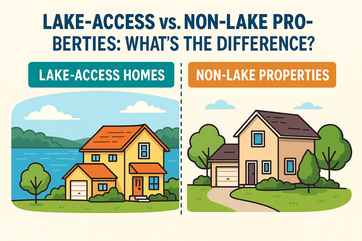 Cartoon infographic comparing Wanaque NJ lake-access and non-lake homes, illustrating lifestyle and pricing differences in a friendly, colorful design.