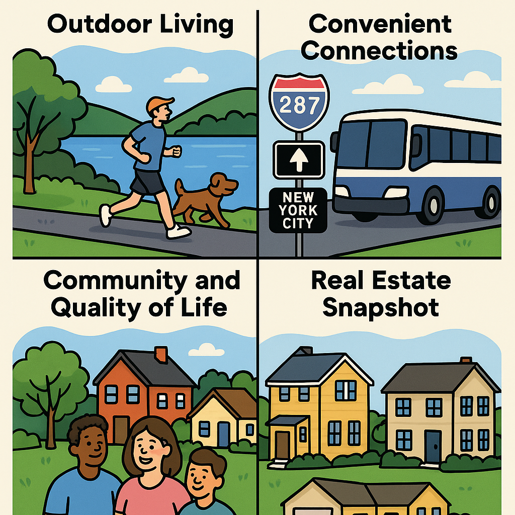 Cartoon infographic illustrating outdoor living, commuting, community life, and real estate in Wanaque NJ for first-time buyers.