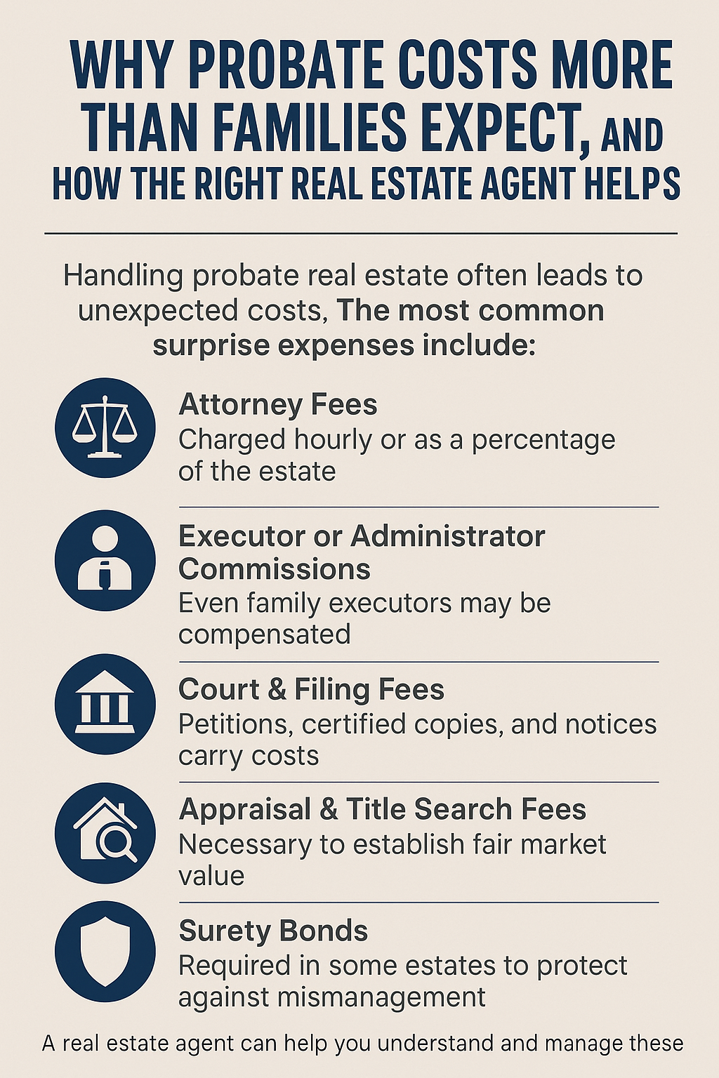 Infographic explaining why probate real estate costs more than families expect, highlighting attorney fees, executor commissions, court costs, and how a certified probate real estate specialist helps reduce expenses in Wanaque Borough, NJ.