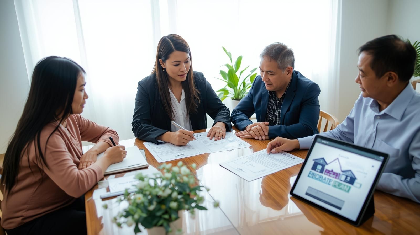 Probate real estate agent meeting with family members in Wanaque Borough to organize documents, review appraisals, and maintain transparency during a probate home sale.