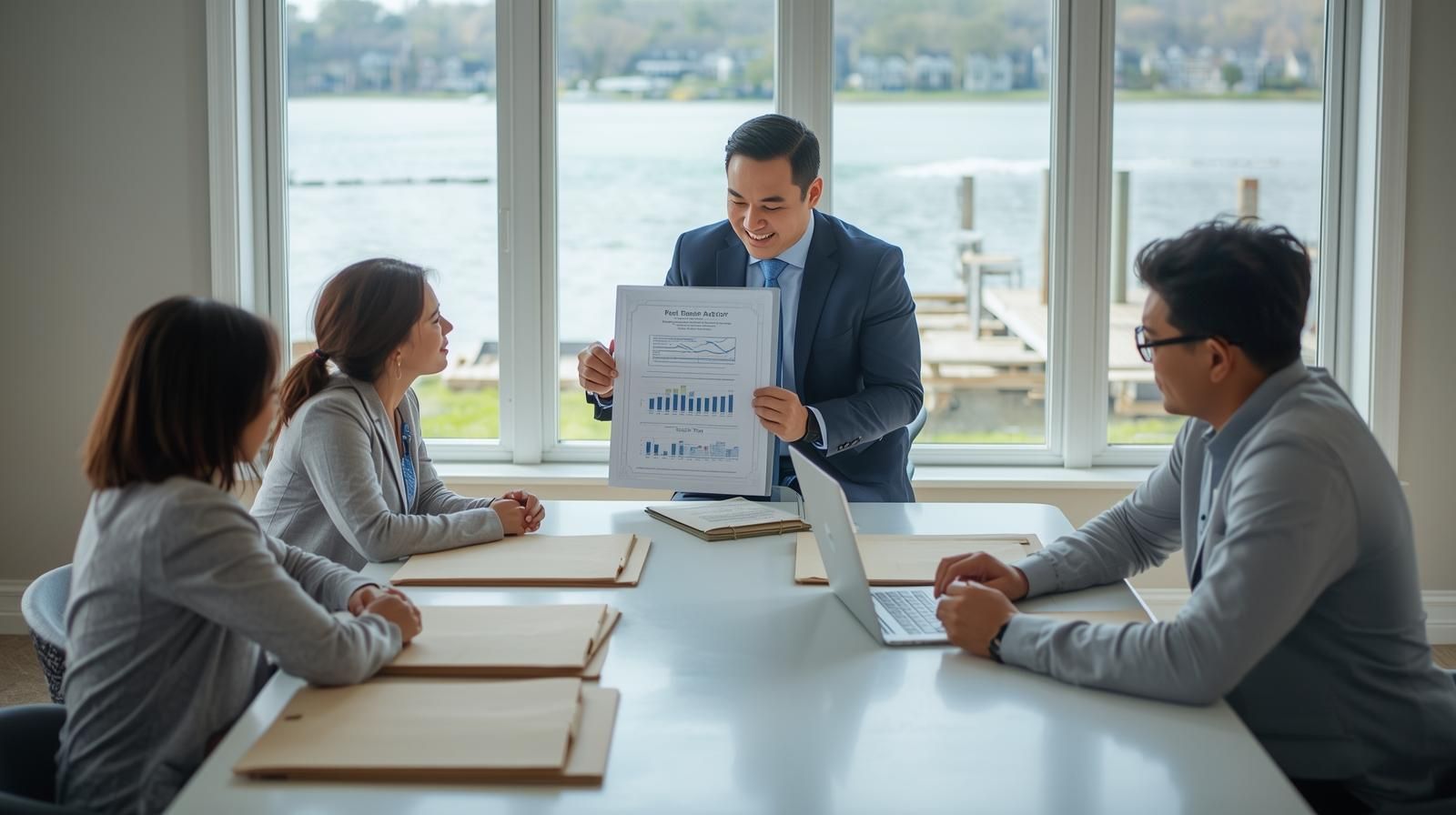 Certified probate real estate specialist reviewing estate paperwork and explaining the probate process for a lakeside property in Wanaque Borough, NJ.