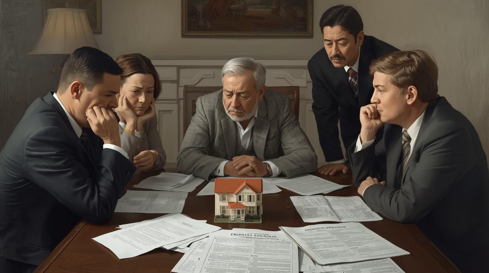 Family members discussing probate estate documents around a table, showing tension over selling or keeping the property during a probate real estate dispute.