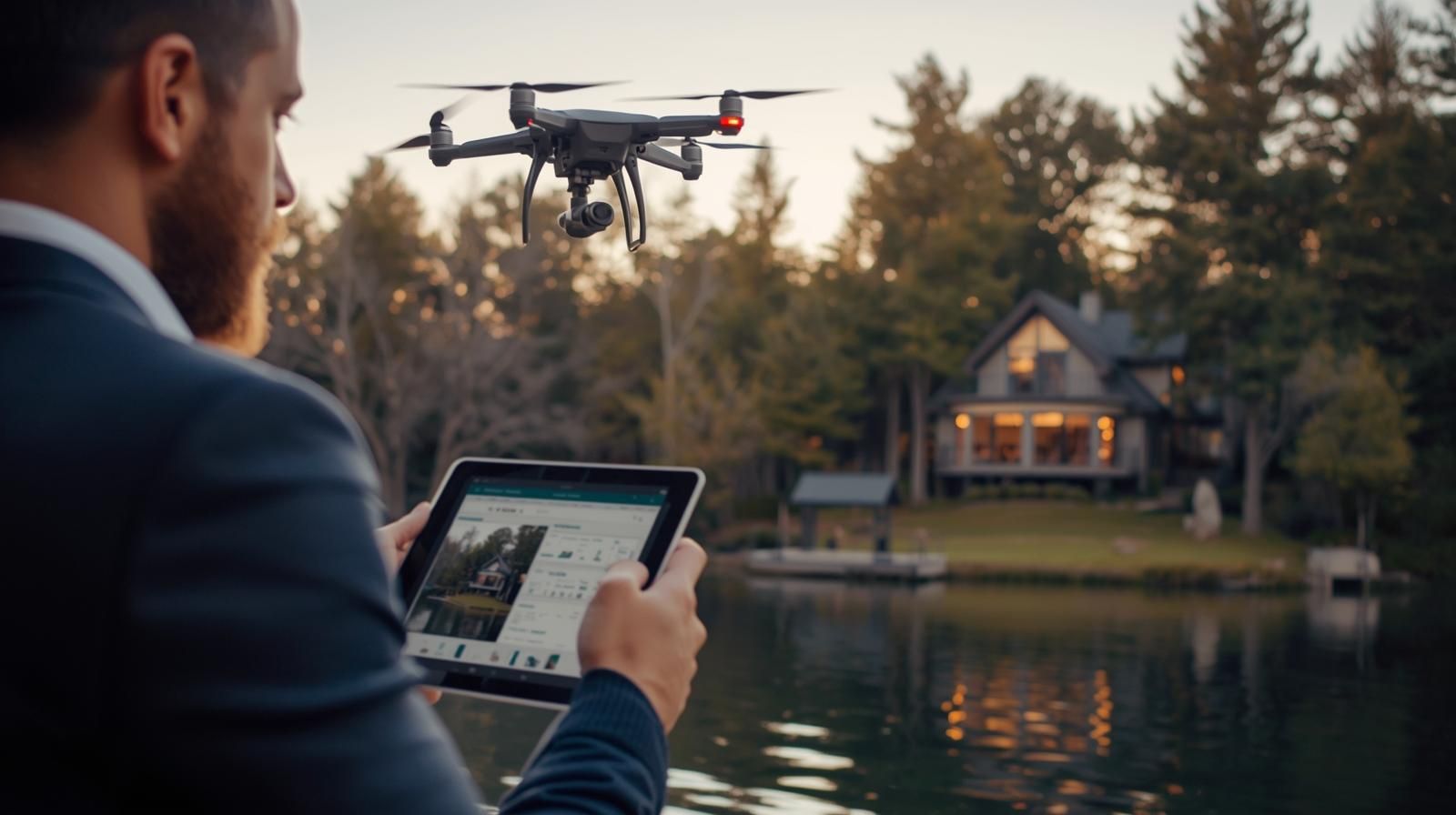 AI-certified Realtor overseeing drone photography of a lakeside home in Wanaque NJ at sunset, showcasing advanced marketing strategy and storytelling visuals.