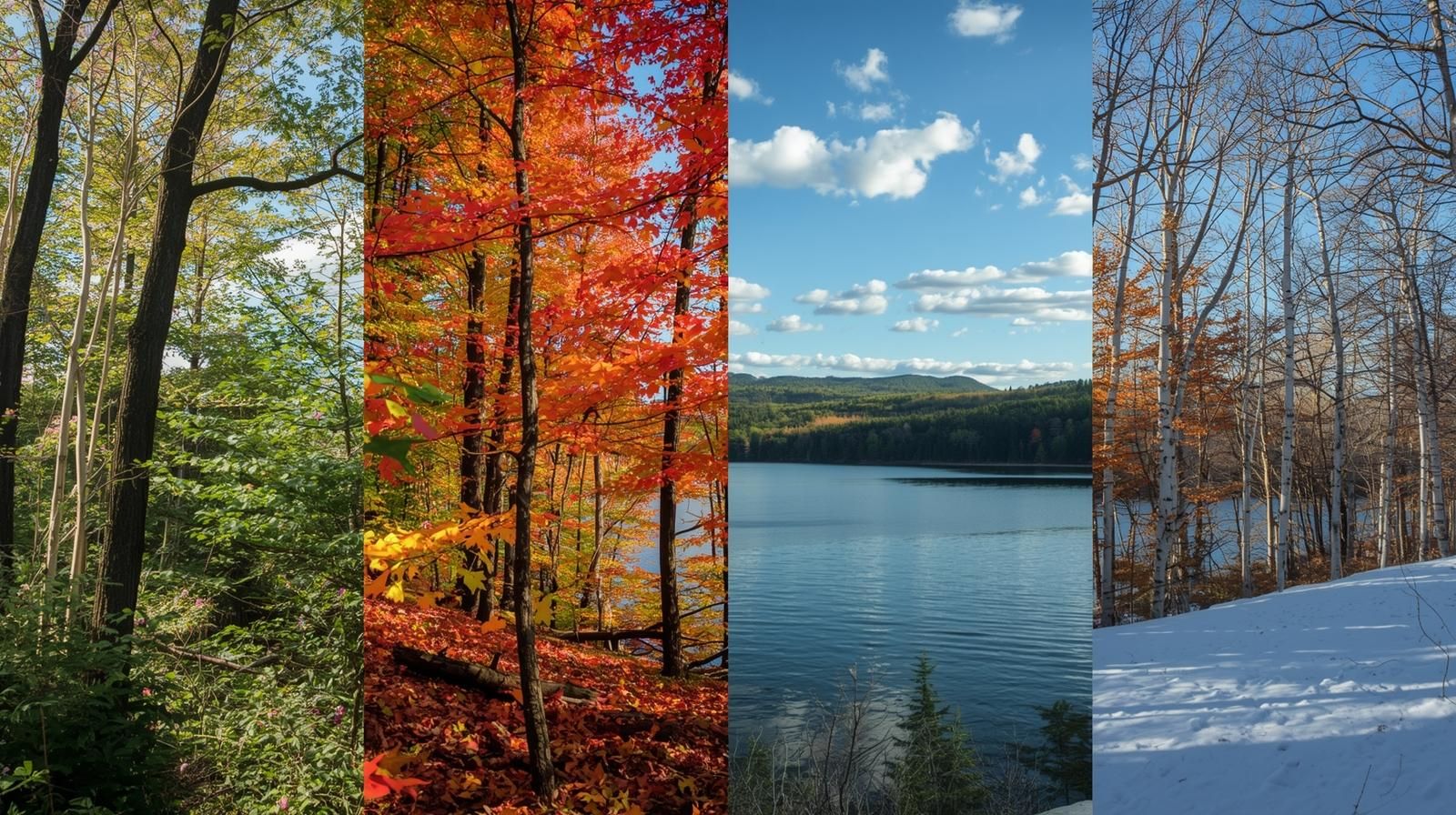 Four-season view of Cupsaw Lake in Wanaque NJ showing spring blooms, summer greenery, fall colors, and winter snow, representing year-round real estate market trends.