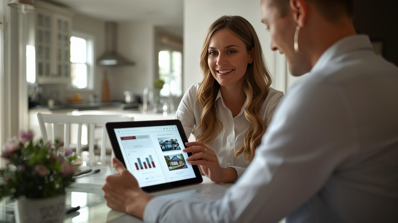 Real estate agent and homeowner reviewing AI-powered pricing strategy for a Wanaque NJ home sale on a tablet.