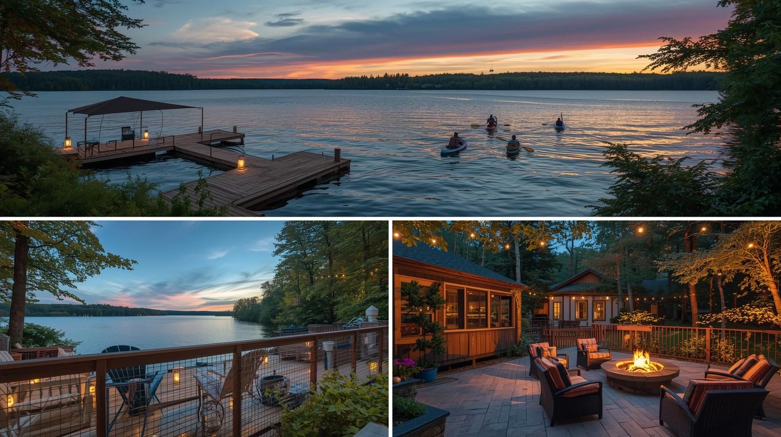 Lakeside home in Wanaque NJ with deck, dock, and people kayaking on Cupsaw Lake representing outdoor living, recreation, and community lifestyle for home buyers.