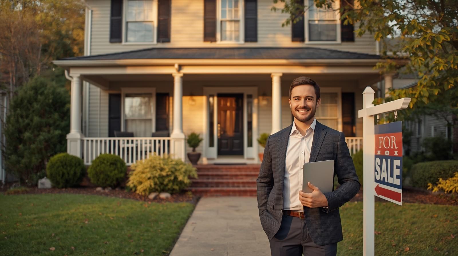 Realtor standing in front of a staged home for sale in Wanaque NJ, representing strategies to maximize home value in 2025.