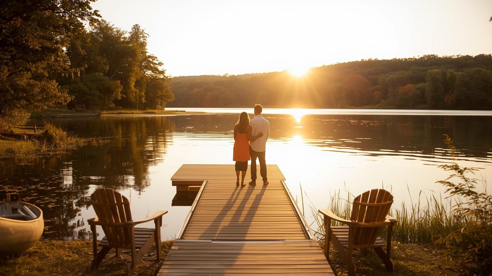 Couple standing on dock overlooking Cupsaw Lake in Wanaque NJ at sunset, representing peaceful lakeside living and lifestyle home marketing.