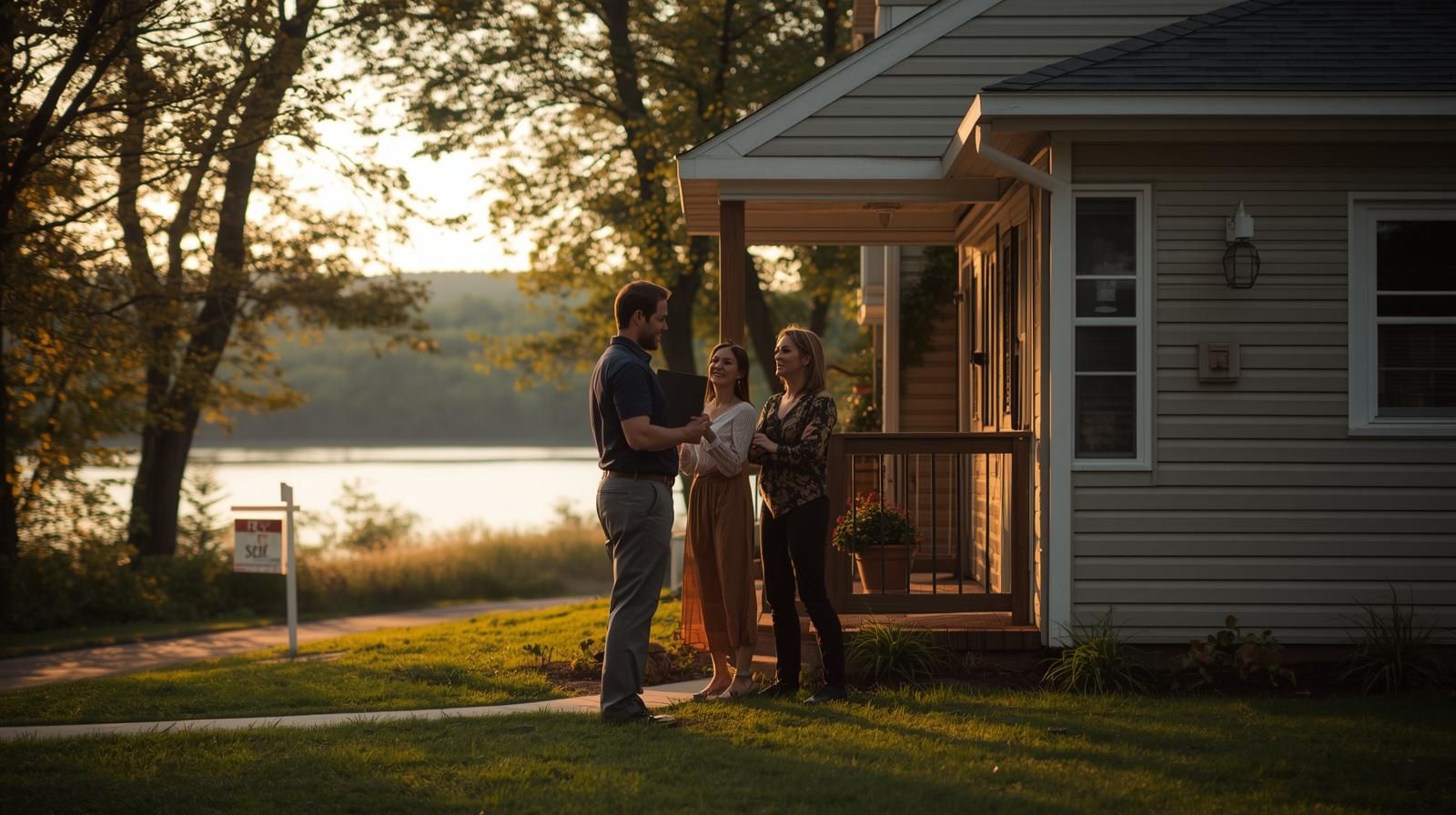 Realtor guiding a Wanaque NJ couple through the short sale process outside their lakeside home, showing support and professionalism from North Jersey’s First AI-Certified Realtor Johnny Rodriguez.